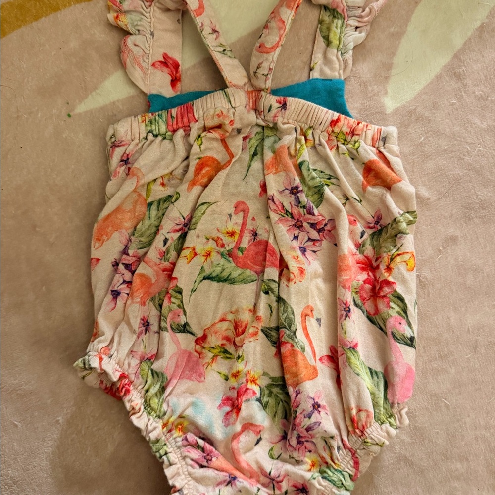 Posh Peanut Pink Flamingo 🦩Floral Baby Romper - Picture 2 of 3